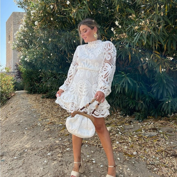 CHICWISH Endless Adoration White Crochet Mini Dress Long Sleeve Size L - Picture 1 of 11